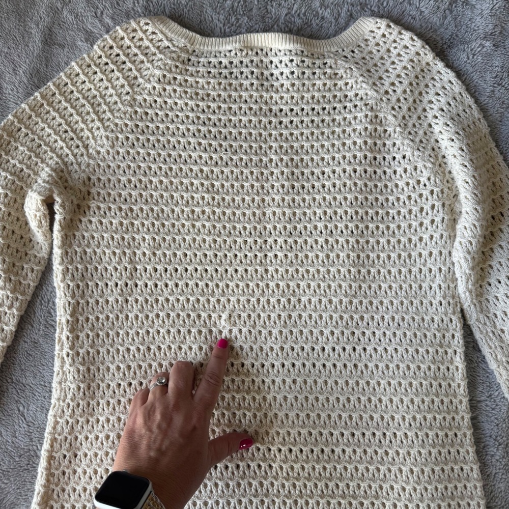 LOFT Women Cream Ivory Open Knit Crochet Sweater 3/4 Sleeve Crew Neck Large Flaw - Picture 7 of 9